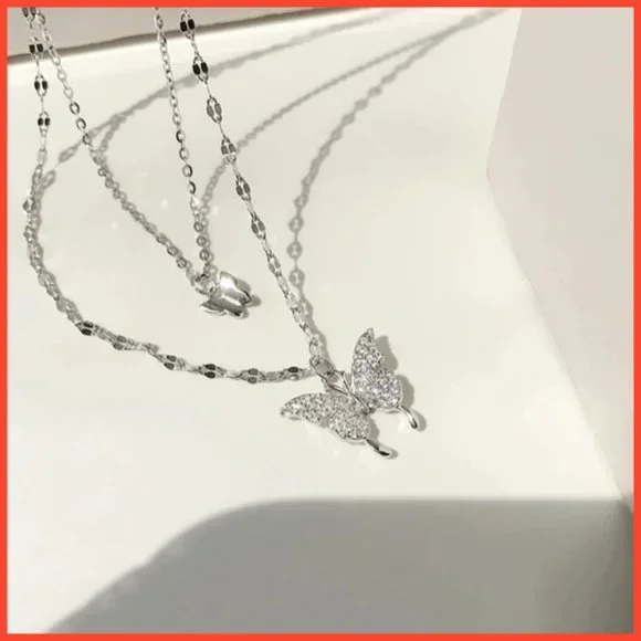 925 Hallmark Silver Butterfly Double Chain Necklace - Picture 3 of 4